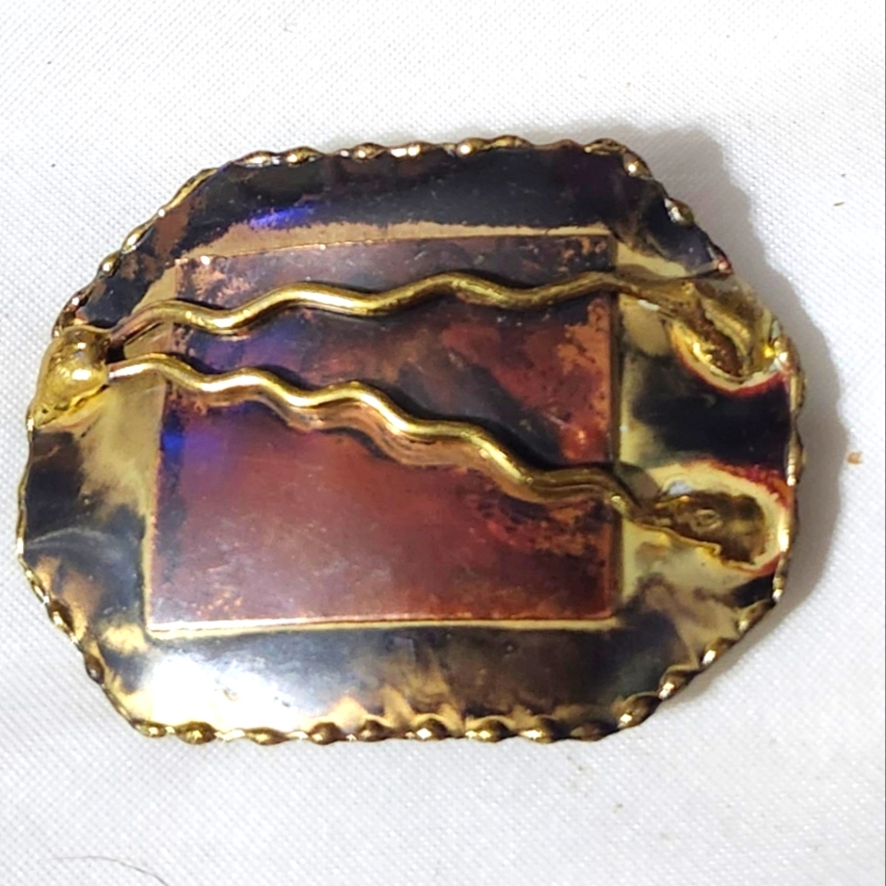 Vtg 1980s Mixed Metal Copper Large Abstract  Handmade Pin Brooch Pendant